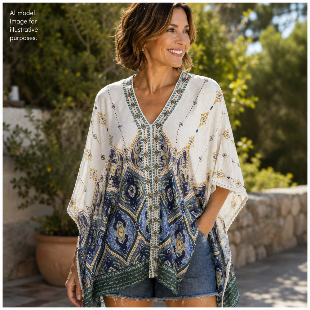 Chico's Blouse Womens S/M Multicolor Geometric Kimono Poncho Tunic Top Boho